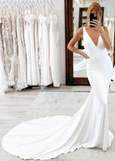 May | Stunning V Neck Mermaid Backless Satin Wedding Dress with Long Train - White - PromDressClub